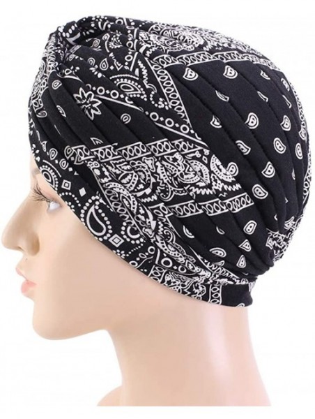 Skullies & Beanies New Women's Cotton Turban Flower Prints Beanie Head Wrap Chemo Cap Hair Loss Hat Sleep Cap - Black01 - CN1...