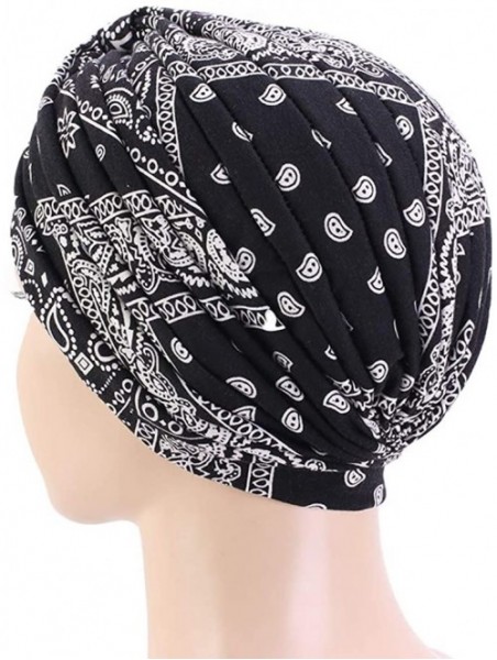 Skullies & Beanies New Women's Cotton Turban Flower Prints Beanie Head Wrap Chemo Cap Hair Loss Hat Sleep Cap - Black01 - CN1...