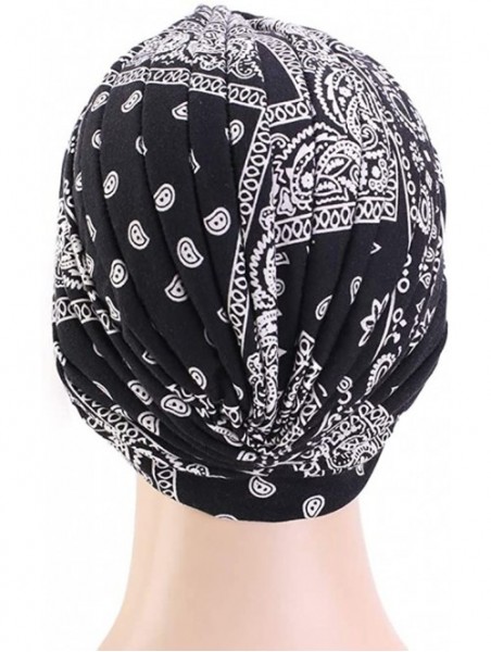 Skullies & Beanies New Women's Cotton Turban Flower Prints Beanie Head Wrap Chemo Cap Hair Loss Hat Sleep Cap - Black01 - CN1...