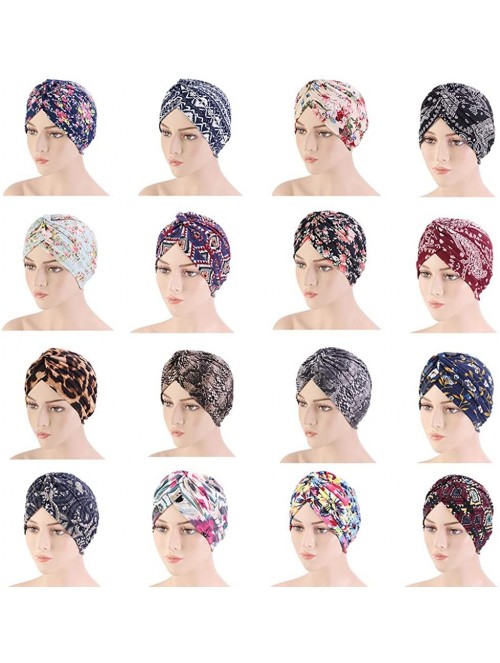 Skullies & Beanies New Women's Cotton Turban Flower Prints Beanie Head Wrap Chemo Cap Hair Loss Hat Sleep Cap - Black01 - CN1...