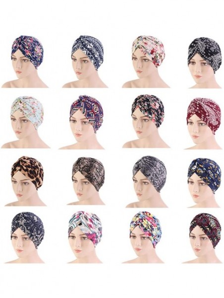 Skullies & Beanies New Women's Cotton Turban Flower Prints Beanie Head Wrap Chemo Cap Hair Loss Hat Sleep Cap - Black01 - CN1...