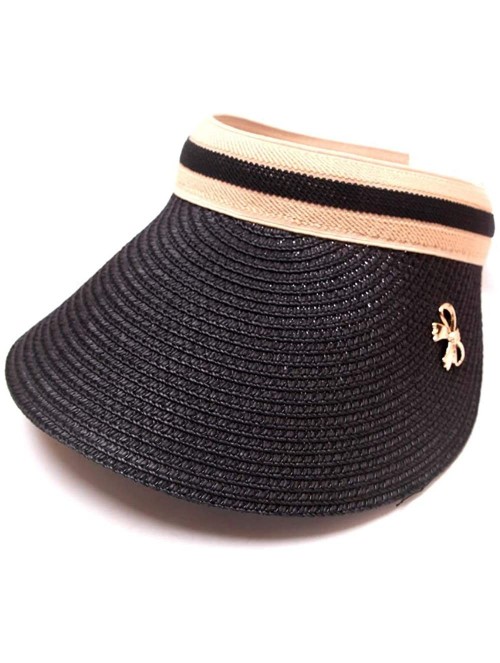Visors Women's Summer Foldable Straw Sun Visor w/Cute Bowtie UPF 50+ Packable Wide Brim Roll-Up Visor Beach Hat - C418X9ULU7T...