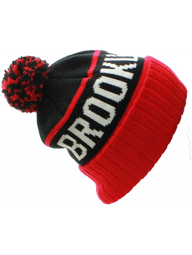 Skullies & Beanies USA Favorite City Cuff Cable Knit Winter Pom Pom Beanie Hat Cap - Brooklyn - Black Red - CD11Q2V5E3V $12.85