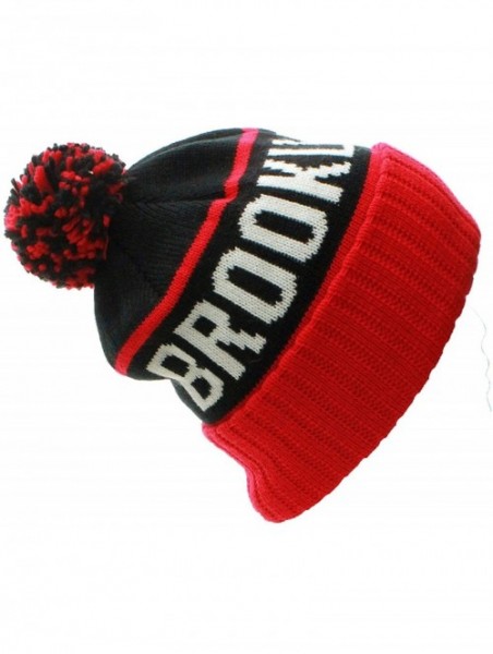 Skullies & Beanies USA Favorite City Cuff Cable Knit Winter Pom Pom Beanie Hat Cap - Brooklyn - Black Red - CD11Q2V5E3V $12.85