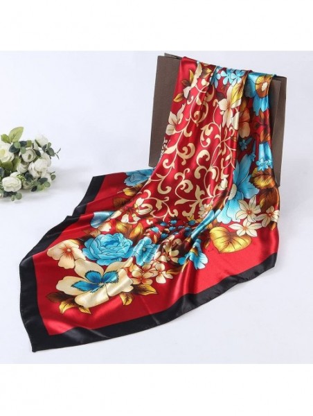 Headbands Women 2019 Floral Printed Best gifts Silky Fabric Embroedered Square Scarf Head Wraps - Red 1 - CH12NRROCGZ $12.76