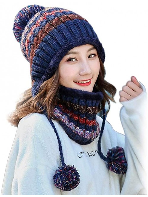 Skullies & Beanies Fleece Lined Women Knit Beanie Scarf Set for Girl Winter Ski Hat with Pompom - A1-navy - CU18AY9EQKE $16.84