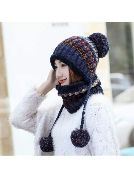 Skullies & Beanies Fleece Lined Women Knit Beanie Scarf Set for Girl Winter Ski Hat with Pompom - A1-navy - CU18AY9EQKE $16.84