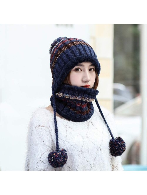 Skullies & Beanies Fleece Lined Women Knit Beanie Scarf Set for Girl Winter Ski Hat with Pompom - A1-navy - CU18AY9EQKE $16.84