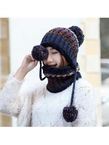 Skullies & Beanies Fleece Lined Women Knit Beanie Scarf Set for Girl Winter Ski Hat with Pompom - A1-navy - CU18AY9EQKE $16.84