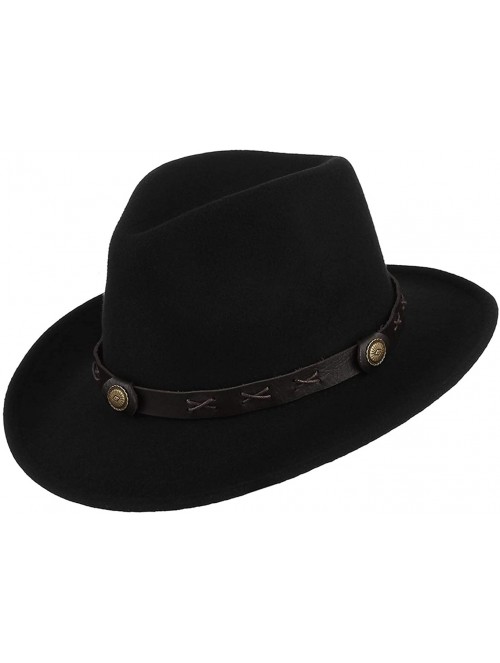 Cowboy Hats Unisex Retro Felt Western Cowboy Hat Wide Brim Crushable Outback Hat with Leather Band - Black - C918NYH28M2 $12.87