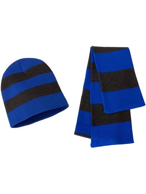 Skullies & Beanies Sportsman Knit Collegiate Rugby Stripe Winter Scarf & Beanie Hat Set - Royal/Charcoal - CV119VEI4IN $14.79