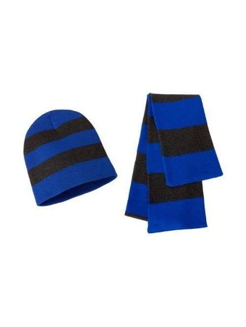 Skullies & Beanies Sportsman Knit Collegiate Rugby Stripe Winter Scarf & Beanie Hat Set - Royal/Charcoal - CV119VEI4IN $14.79