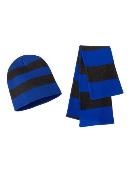 Skullies & Beanies Sportsman Knit Collegiate Rugby Stripe Winter Scarf & Beanie Hat Set - Royal/Charcoal - CV119VEI4IN $14.79