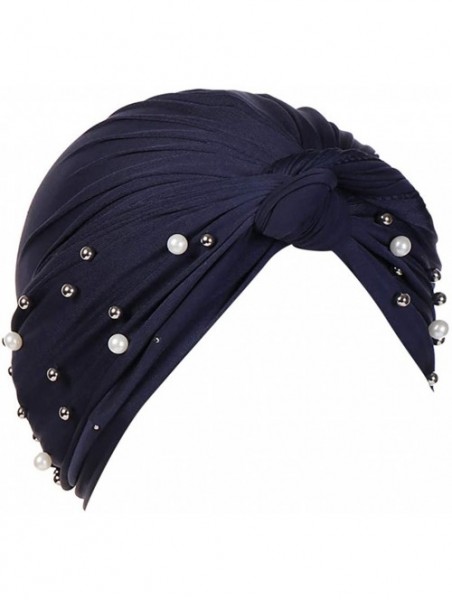 Skullies & Beanies Women Muslim Turban Pearl Hat Bonnet Hijab Headscarf Islamic Chemo Cap - Navy - C218RYTZC3H $9.61