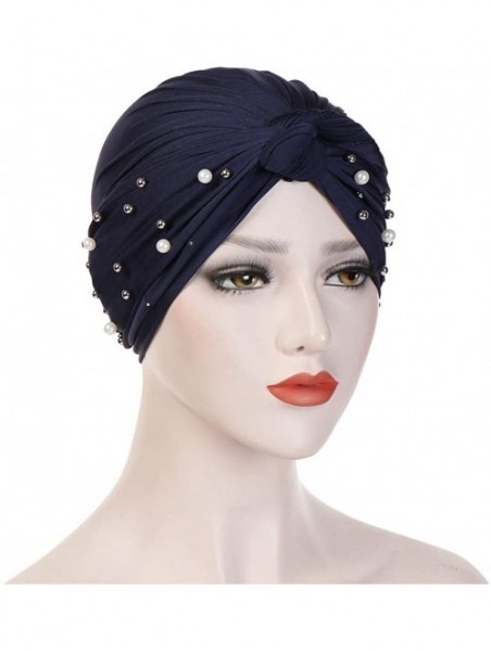 Skullies & Beanies Women Muslim Turban Pearl Hat Bonnet Hijab Headscarf Islamic Chemo Cap - Navy - C218RYTZC3H $9.61