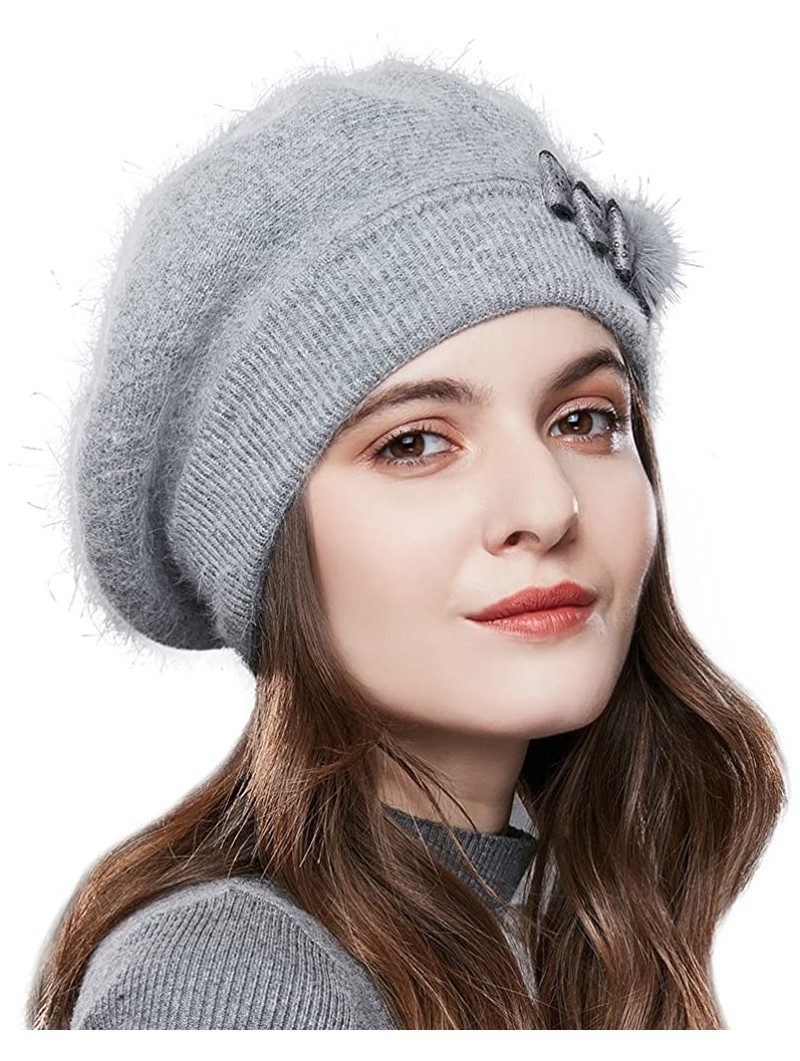 Skullies & Beanies Winter French Beret for Women 100% Angora Wool Classic Beret Beanie - Bowknot-l.grey - CF188ASDN2A $24.78