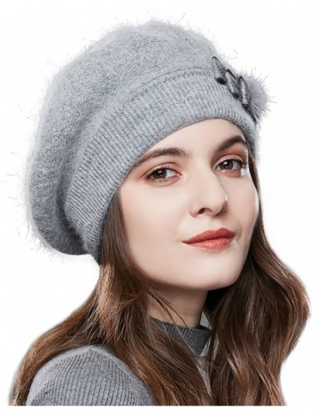 Skullies & Beanies Winter French Beret for Women 100% Angora Wool Classic Beret Beanie - Bowknot-l.grey - CF188ASDN2A $24.78