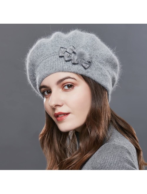 Skullies & Beanies Winter French Beret for Women 100% Angora Wool Classic Beret Beanie - Bowknot-l.grey - CF188ASDN2A $24.78