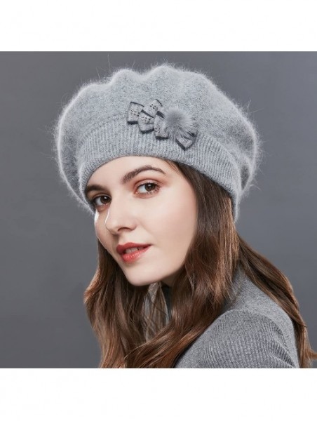 Skullies & Beanies Winter French Beret for Women 100% Angora Wool Classic Beret Beanie - Bowknot-l.grey - CF188ASDN2A $24.78