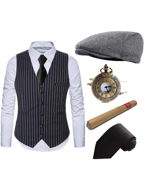 Newsboy Caps 1920s Mens Costume Accessories Set - Gatsby Ivy Newsboy Hat Caps-1920s Gangster Vest-Plastic Cigar-Tie - Set02 -...