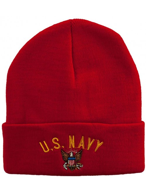 Skullies & Beanies US Navy Logo Embroidered Long Beanie - Red - CL11USNFW63 $30.59