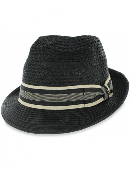 Fedoras Men Women Summer Woven Straw Trilby Fedora Hat in Ivory Tan Black - Mcfayblack - C418CT2ANZK $15.23