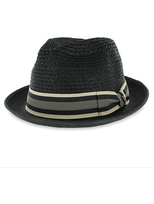 Fedoras Men Women Summer Woven Straw Trilby Fedora Hat in Ivory Tan Black - Mcfayblack - C418CT2ANZK $15.23