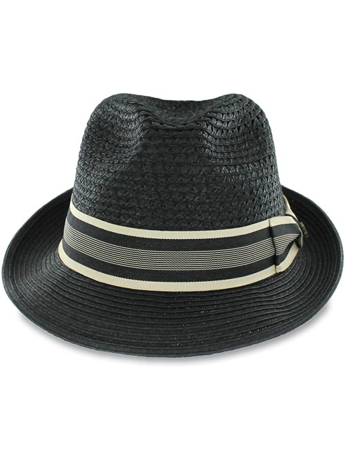 Fedoras Men Women Summer Woven Straw Trilby Fedora Hat in Ivory Tan Black - Mcfayblack - C418CT2ANZK $15.23