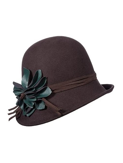 Bucket Hats Collezione Wool Felt Cloche with Faux Leather Flower - Chocolate - CU11RJ8NY8N $47.31
