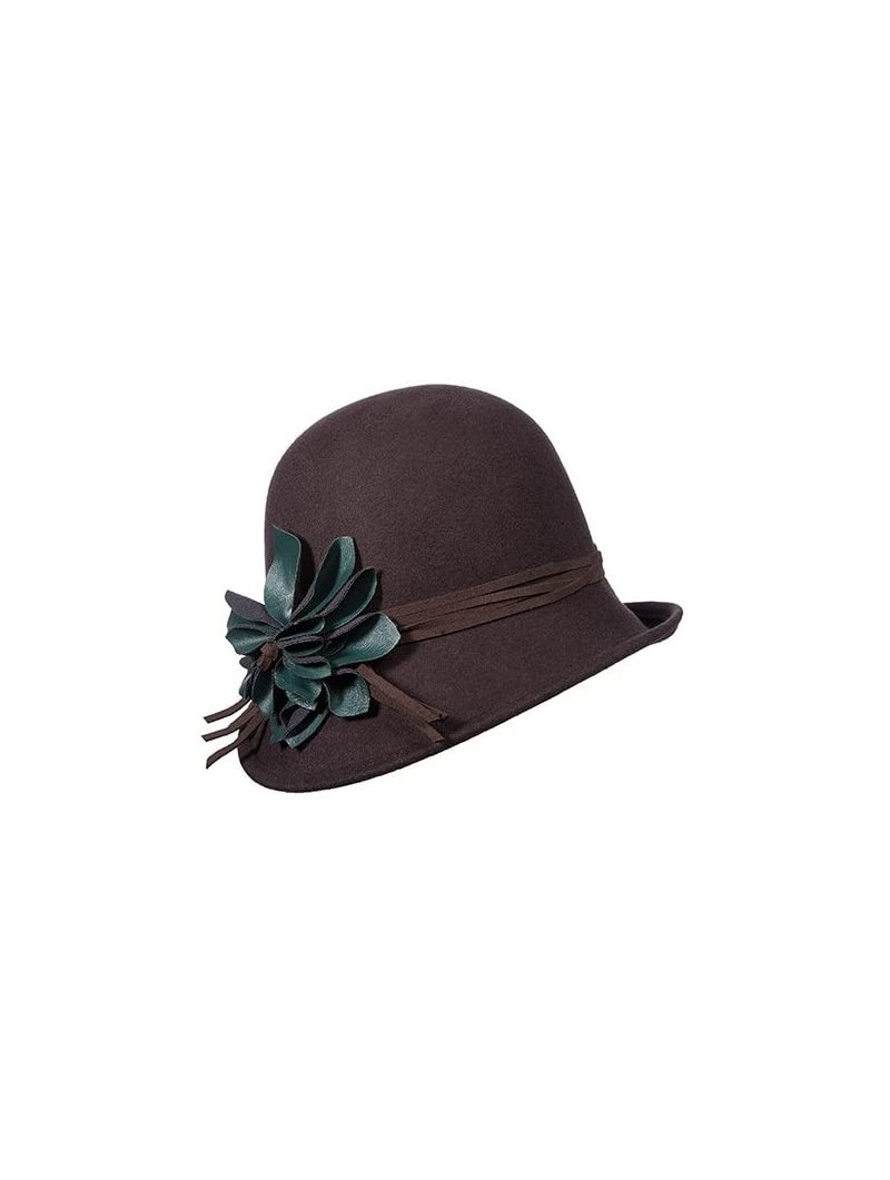 Bucket Hats Collezione Wool Felt Cloche with Faux Leather Flower - Chocolate - CU11RJ8NY8N $47.31