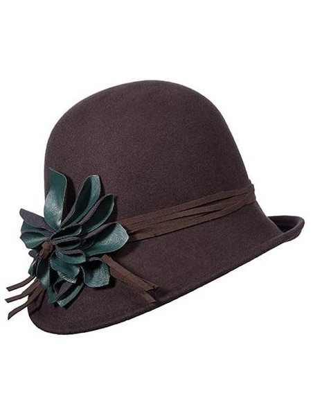 Bucket Hats Collezione Wool Felt Cloche with Faux Leather Flower - Chocolate - CU11RJ8NY8N $47.31