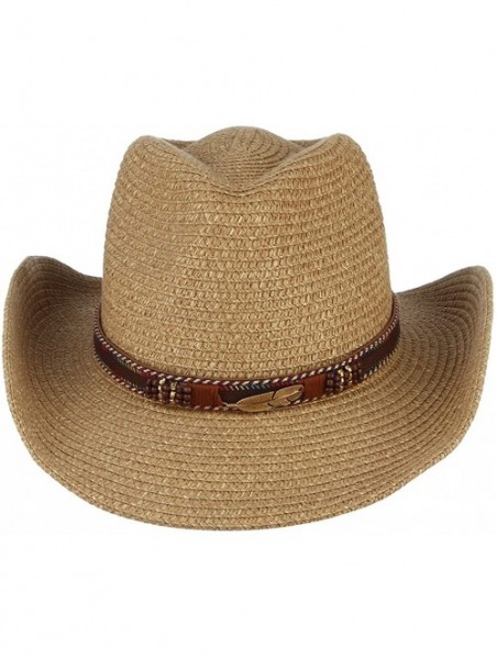Cowboy Hats Western Outback Straw Cowboy Hat for Men Women PU Leather Band Cowgirl Roll Up Wide Brim Hat - Khaki - C018QG0RQL...