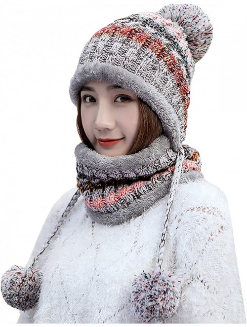 Skullies & Beanies 2 Pcs Knitted Hat Scarf Set for Women Winter Warm Fleece Lined Beanie Hat Earflap Ski Hat with Pompom - Gr...