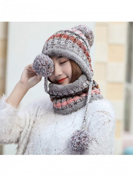 Skullies & Beanies 2 Pcs Knitted Hat Scarf Set for Women Winter Warm Fleece Lined Beanie Hat Earflap Ski Hat with Pompom - Gr...