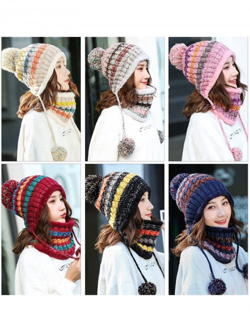 Skullies & Beanies 2 Pcs Knitted Hat Scarf Set for Women Winter Warm Fleece Lined Beanie Hat Earflap Ski Hat with Pompom - Gr...