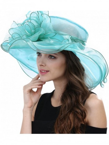 Sun Hats Women's Feathers Floral Fascinating Kentucky Church Wedding Party Floppy Hat - Turquoise - C217YSER09T $34.06