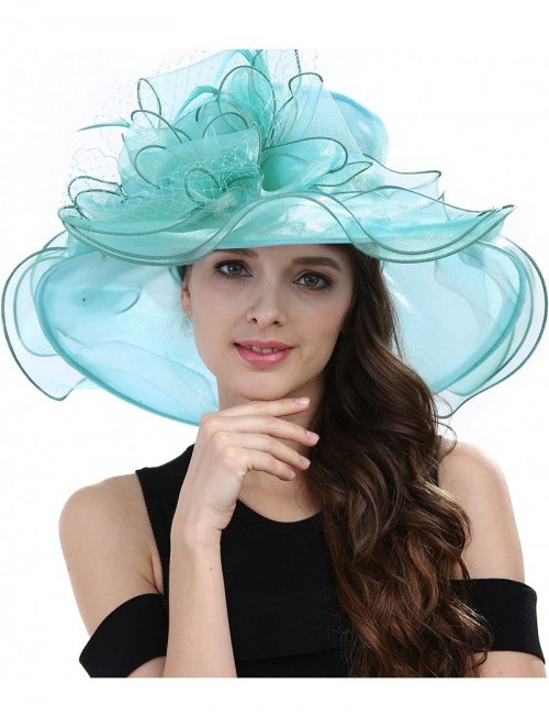 Sun Hats Women's Feathers Floral Fascinating Kentucky Church Wedding Party Floppy Hat - Turquoise - C217YSER09T $34.06