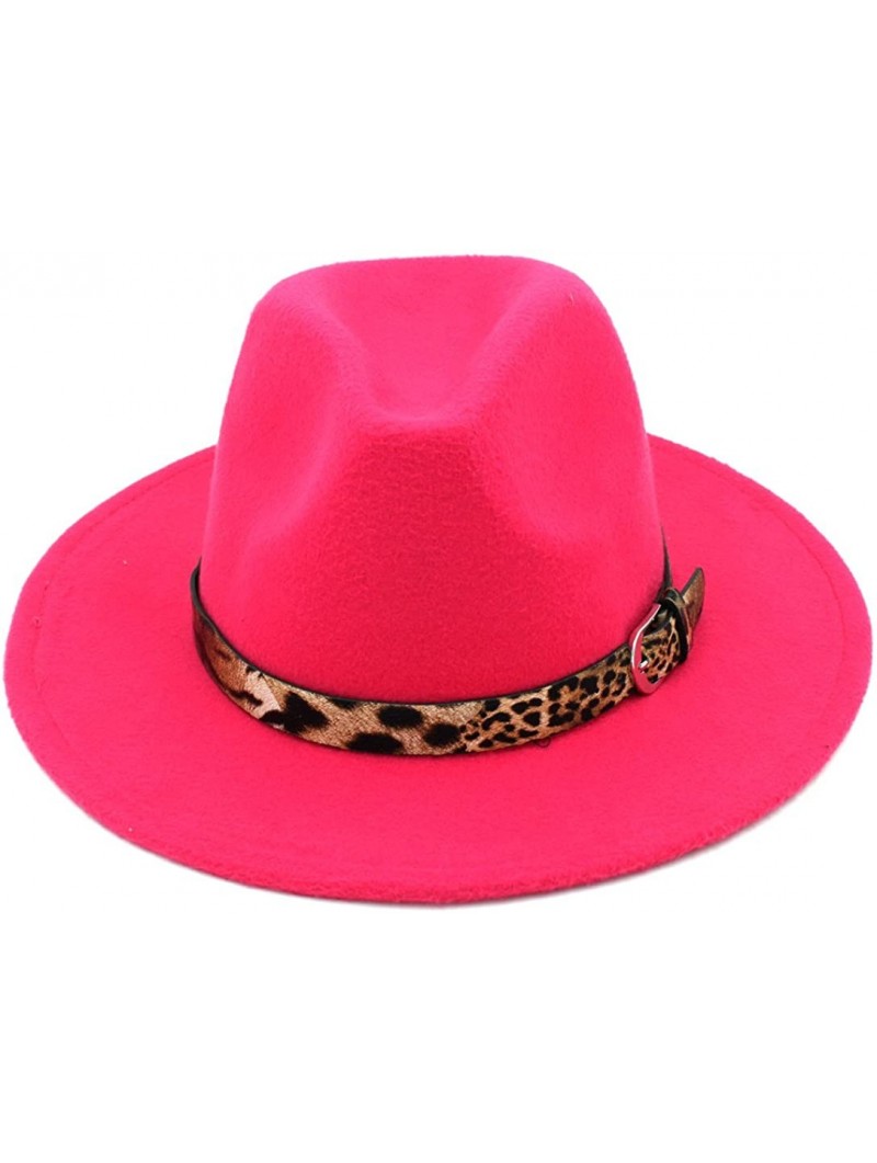 Fedoras Women's Wool Blend Panama Hats Wide Brim Fedora Trilby Caps Leopard Leather Band - Rose Red - CA18670QAOG $13.74