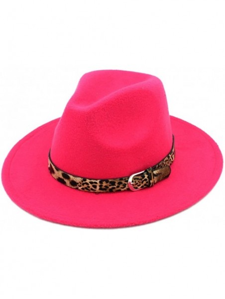 Fedoras Women's Wool Blend Panama Hats Wide Brim Fedora Trilby Caps Leopard Leather Band - Rose Red - CA18670QAOG $13.74