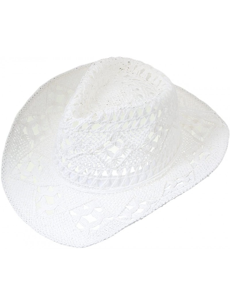 Cowboy Hats Women Straw Hat Hollow Out Cowboy Cowgirl Sun Hat Summer Beach Straw Cowboy Hat - White - CP18Q57NLRO $13.04