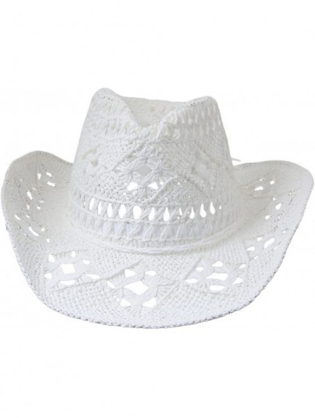 Cowboy Hats Women Straw Hat Hollow Out Cowboy Cowgirl Sun Hat Summer Beach Straw Cowboy Hat - White - CP18Q57NLRO $13.04