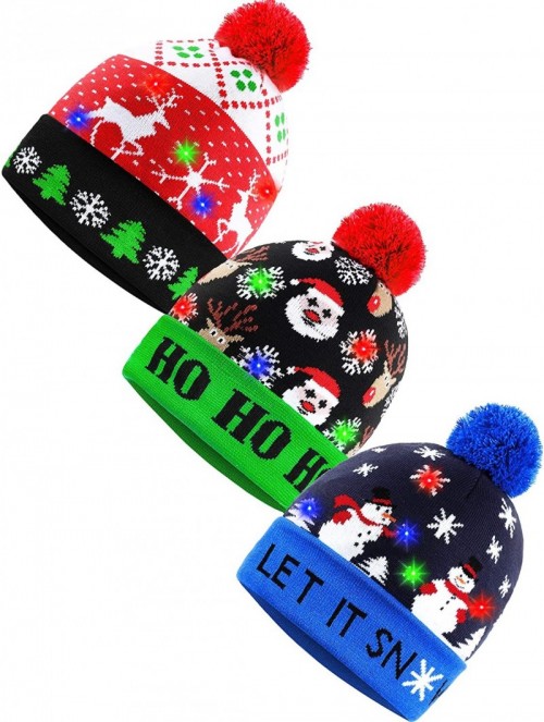 Skullies & Beanies 3 Pieces LED Christmas Beanie Cap Light-up Christmas Knitted Hat Holiday Flashing Cap - CX18YD5KWR9 $36.59