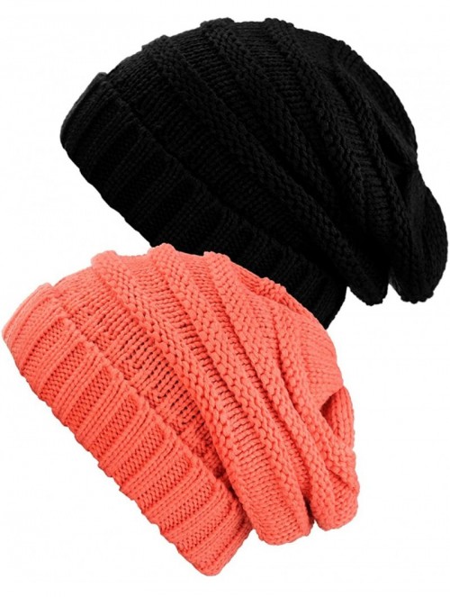 Skullies & Beanies Oversized Baggy Slouchy Thick Winter Beanie Hat - 2 Pack- Black/Coral - CW1869K4XS7 $17.25