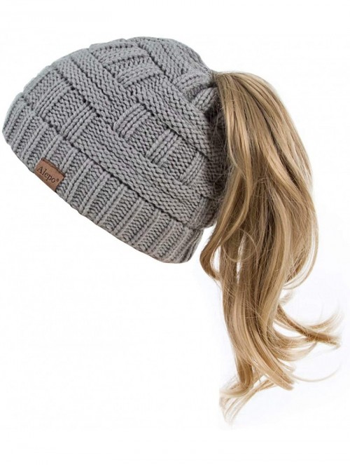 Skullies & Beanies Womens High Messy Bun Beanie Hat with Ponytail Hole- Winter Warm Trendy Knit Ski Skull Cap - Soft Gray - C...