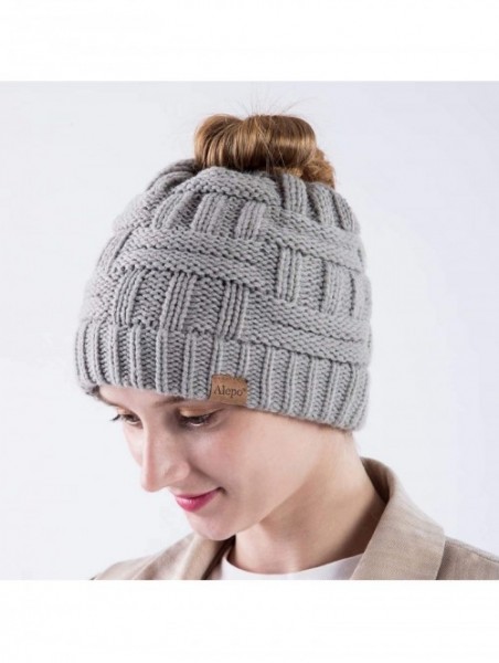 Skullies & Beanies Womens High Messy Bun Beanie Hat with Ponytail Hole- Winter Warm Trendy Knit Ski Skull Cap - Soft Gray - C...