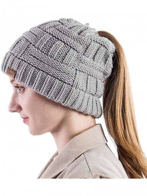 Skullies & Beanies Womens High Messy Bun Beanie Hat with Ponytail Hole- Winter Warm Trendy Knit Ski Skull Cap - Soft Gray - C...