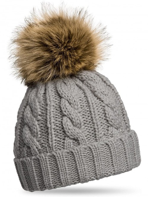 Skullies & Beanies Womens Winter Knitted Beanie Fleece Inner Lining Large Fur Bobble - MU104 - Light Gray - C911OF199VX $36.06