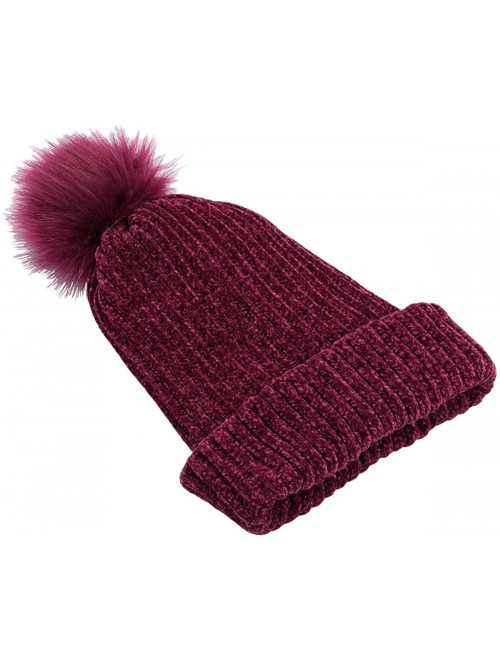 Skullies & Beanies Womens Beanie Hat-Thick Chunky Cable Winter Velvet Knit Cap with Faux Fur Pom - Wine Red - CR18K5OH786 $17.07