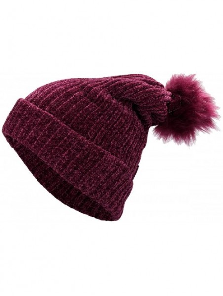 Skullies & Beanies Womens Beanie Hat-Thick Chunky Cable Winter Velvet Knit Cap with Faux Fur Pom - Wine Red - CR18K5OH786 $17.07