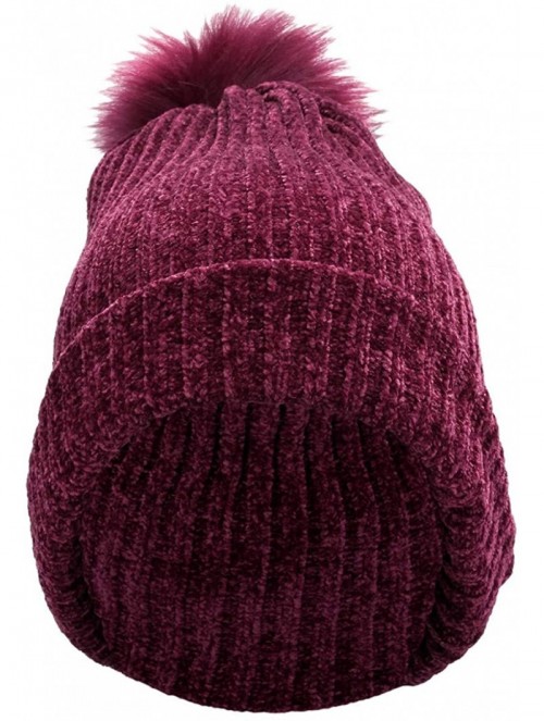 Skullies & Beanies Womens Beanie Hat-Thick Chunky Cable Winter Velvet Knit Cap with Faux Fur Pom - Wine Red - CR18K5OH786 $17.07